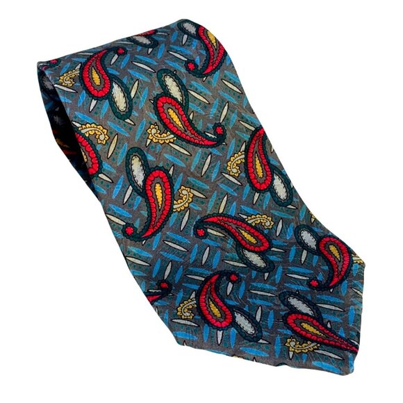Vintage Karl Lagerfeld Luxury Designer Tie Collectors Item Teal Gray Red Yellow - Picture 9 of 9